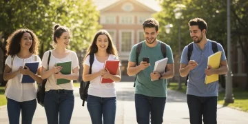 Diverse college students walking on a sunny university campus, symbolizing educational journey and scholarship success.