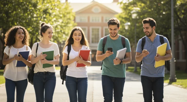 Diverse college students walking on a sunny university campus, symbolizing educational journey and scholarship success.