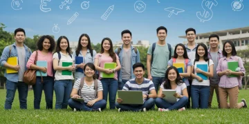 Diverse students celebrating on campus, symbolizing successful private scholarship acquisition for education funding.