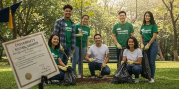 Young volunteers making a positive impact in a community park, illustrating the power of community service for scholarship applications.