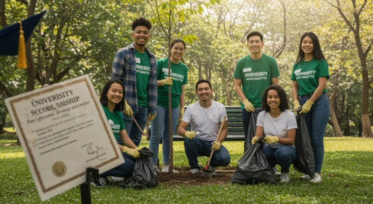Young volunteers making a positive impact in a community park, illustrating the power of community service for scholarship applications.