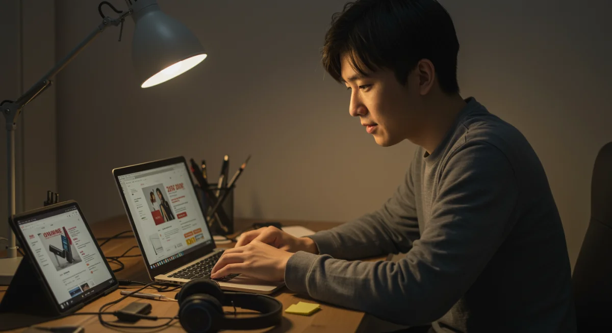 Person comparing electronics prices on multiple screens, utilizing price tracking tools.