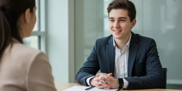 Confident student during a scholarship interview, ready to answer questions.
