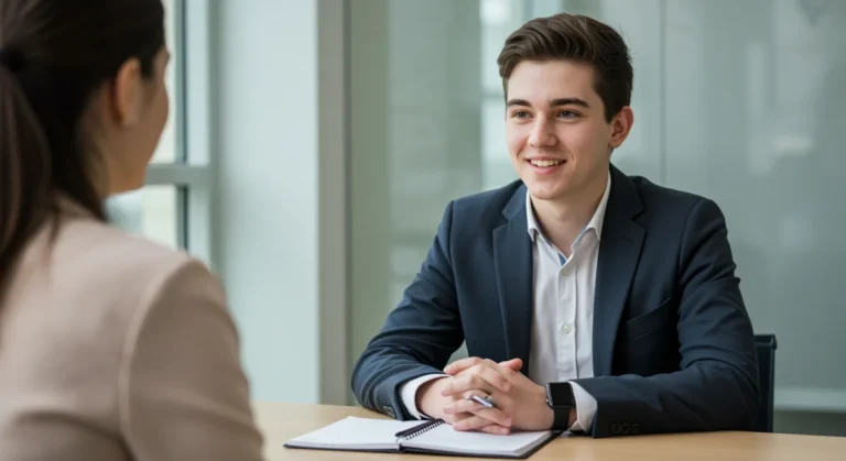 Confident student during a scholarship interview, ready to answer questions.