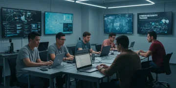 Students learning about cybersecurity in a modern classroom setting with advanced tech