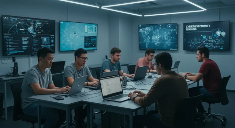 Students learning about cybersecurity in a modern classroom setting with advanced tech