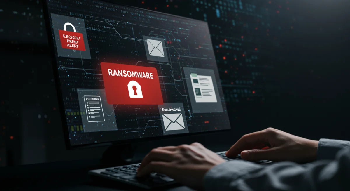 Cybersecurity threat indicators on a computer screen, showing ransomware and phishing
