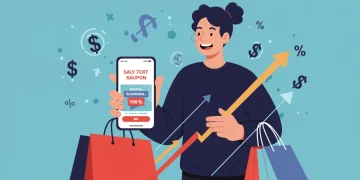 Woman smiling while using a digital coupon app on her smartphone, surrounded by grocery bags.