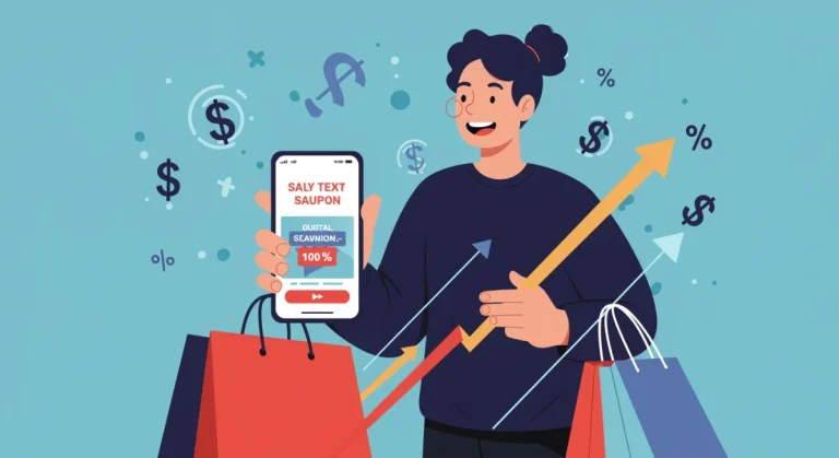 Woman smiling while using a digital coupon app on her smartphone, surrounded by grocery bags.