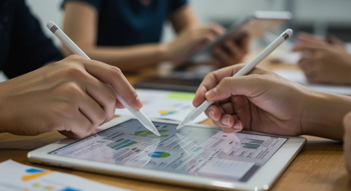 Hand using a stylus on a tablet, illustrating the intricate process of completing digital grant applications for 2026 digital literacy funding.