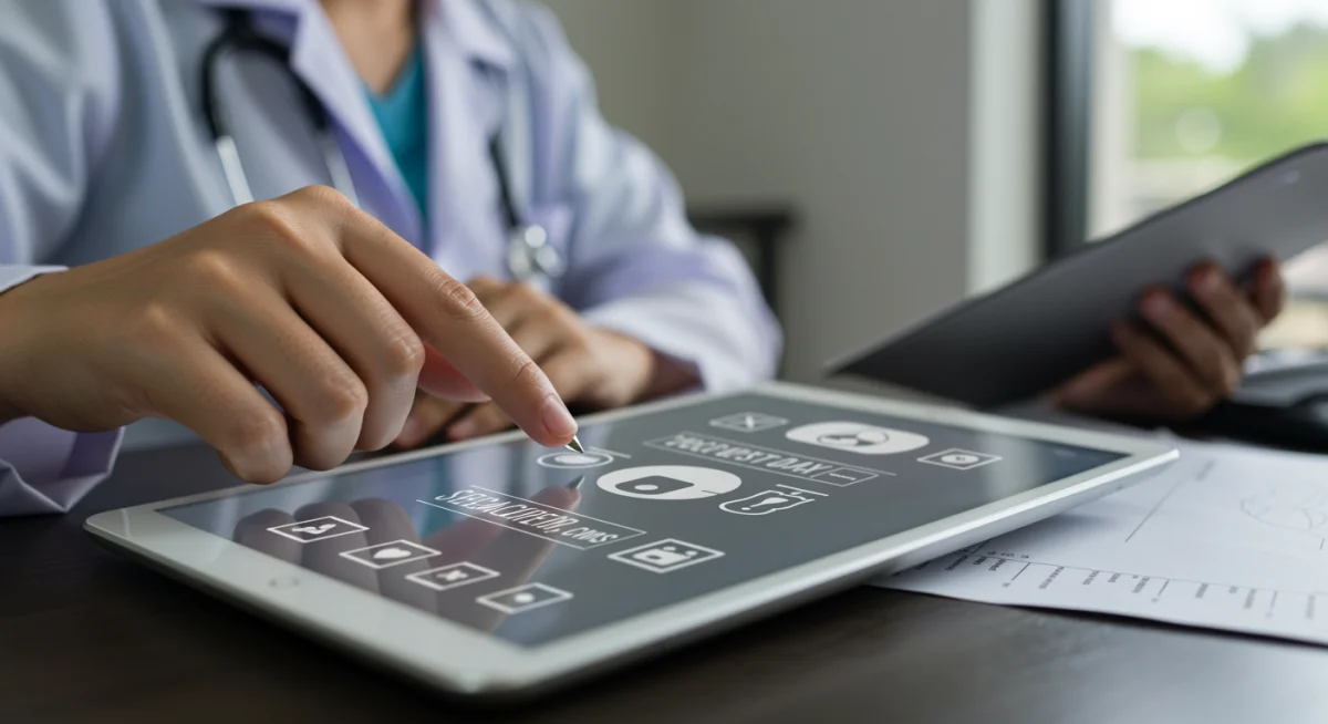 Hand marking items on a digital 2026 healthcare benefits checklist