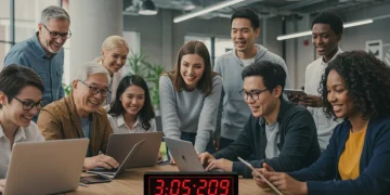 Diverse community members learning digital skills with laptops and tablets, focused on a monitor displaying a grant application, symbolizing the urgency of the 2026 digital literacy grant deadline.