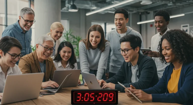 Diverse community members learning digital skills with laptops and tablets, focused on a monitor displaying a grant application, symbolizing the urgency of the 2026 digital literacy grant deadline.