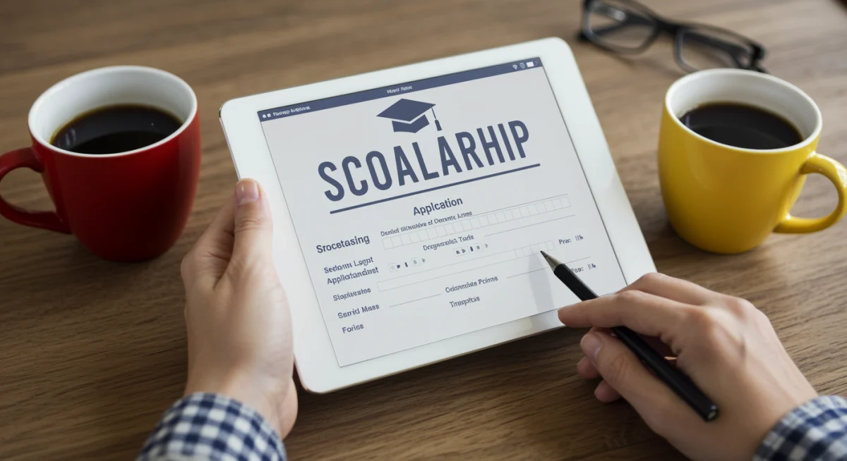 Person filling out a digital scholarship application form.