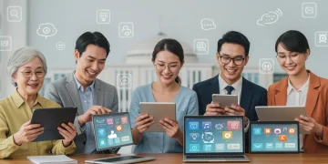 Diverse individuals accessing digital tools with government subsidy support