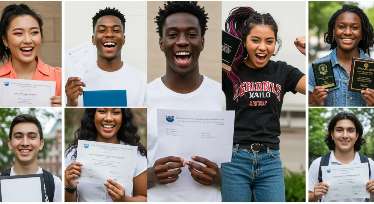Diverse students celebrating scholarship success