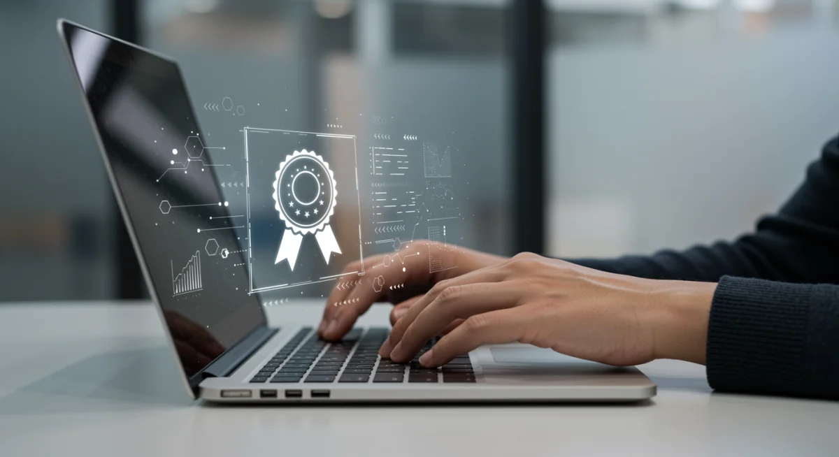Person earning IT certification on a laptop