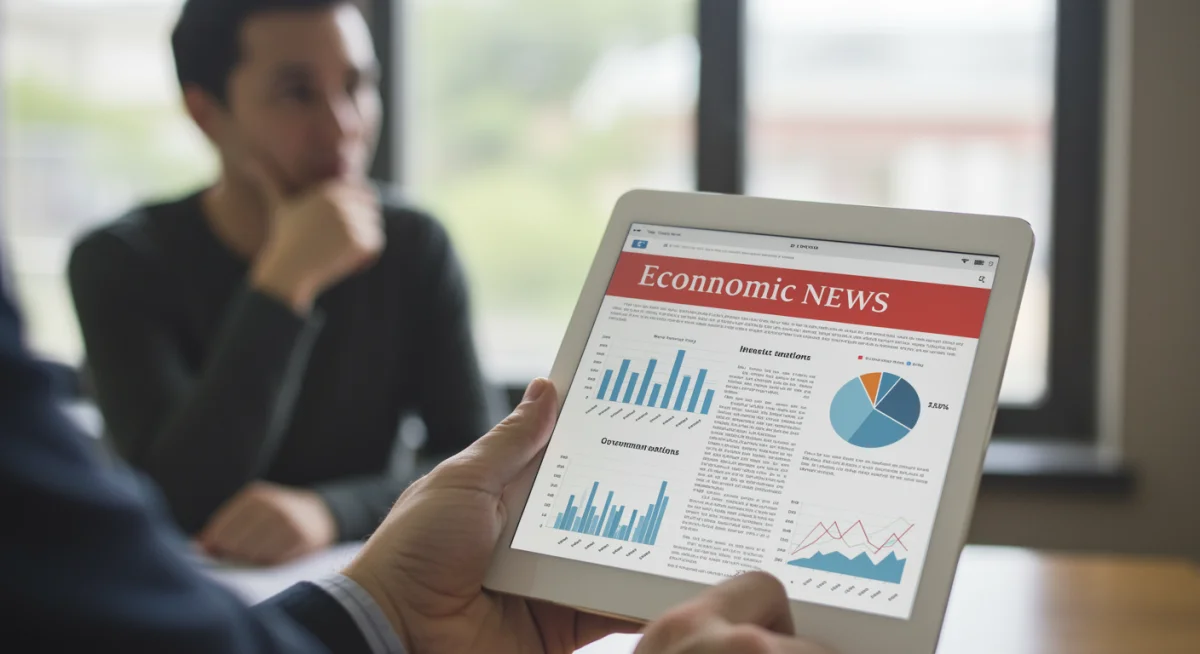 Tablet showing economic recovery news, person contemplating financial future