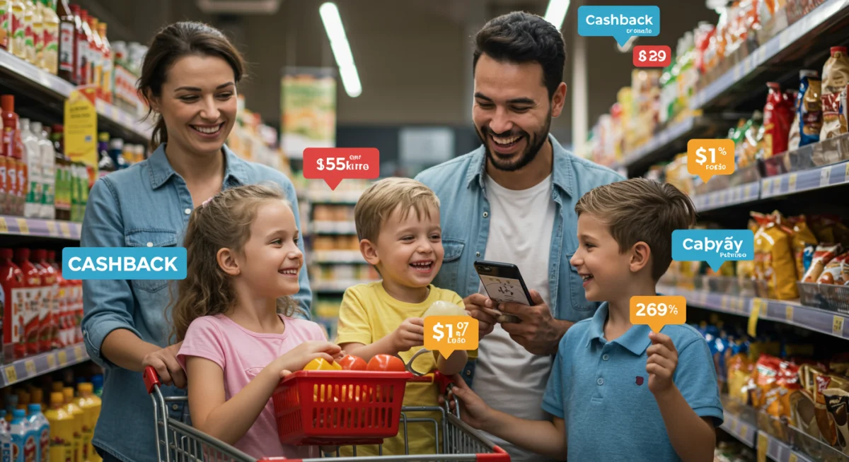 Family shopping, receiving cashback notifications on phone