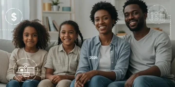 Smiling low-income family benefiting from government aid programs in 2026