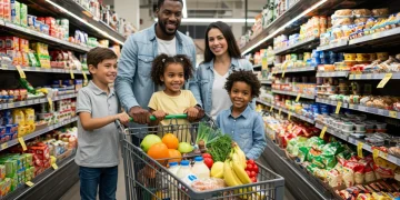 Family grocery shopping with food assistance benefits