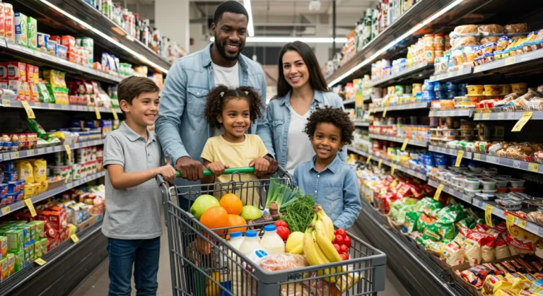 Family grocery shopping with food assistance benefits