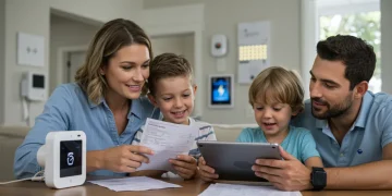 Family reviewing utility bills with smart home devices