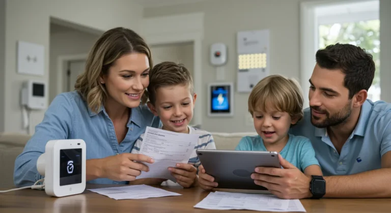 Family reviewing utility bills with smart home devices
