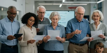 People reviewing federal aid program documents with hope