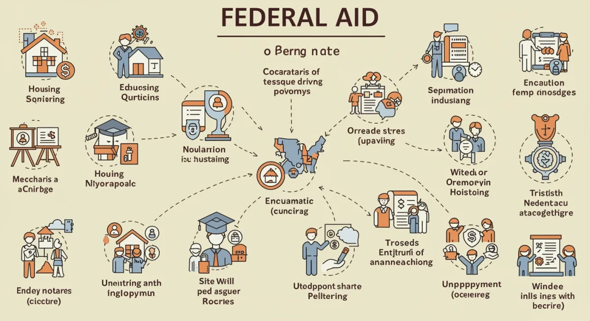 Infographic illustrating different categories of federal aid, including housing, education, and healthcare.