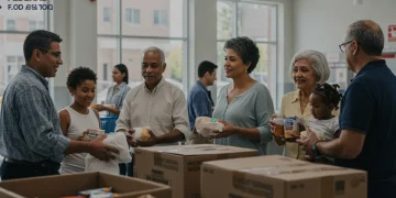 Diverse community members receiving federal food assistance packages