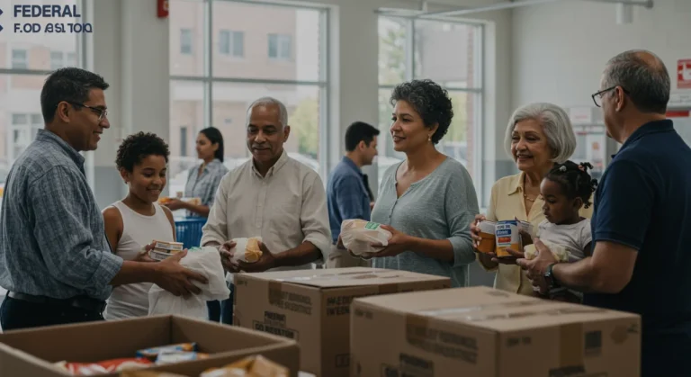 Diverse community members receiving federal food assistance packages