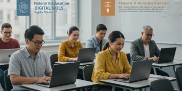 Federal vs. State Aid for Digital Upskilling: Which Offers Better Support in 2026? Diverse adults learning digital skills with laptops, symbolizing federal and state aid for upskilling in 2026.