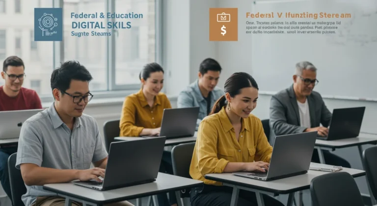 Diverse adults learning digital skills with laptops, symbolizing federal and state aid for upskilling in 2026.