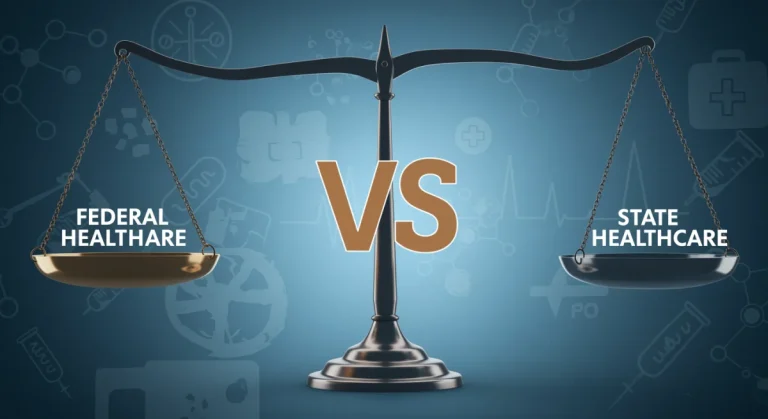 Balanced scale comparing federal and state healthcare programs in 2026