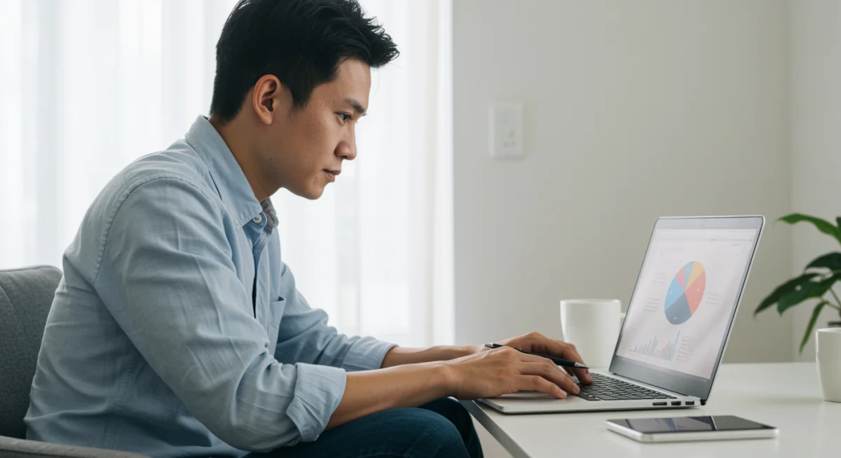 Person analyzing financial pie chart on laptop for expense tracking