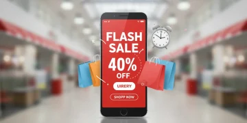 Smartphone displaying a 40% off flash sale notification with shopping bags in the background, symbolizing urgent online deals.