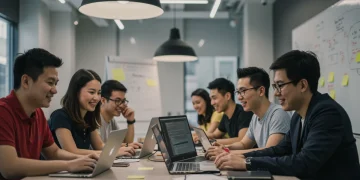 Young adults collaborating on a tech project, symbolizing free career alternatives