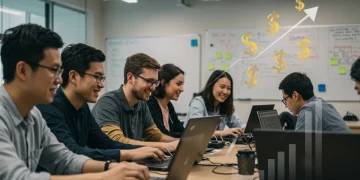 Students learning in a free coding bootcamp classroom, saving on tuition costs.