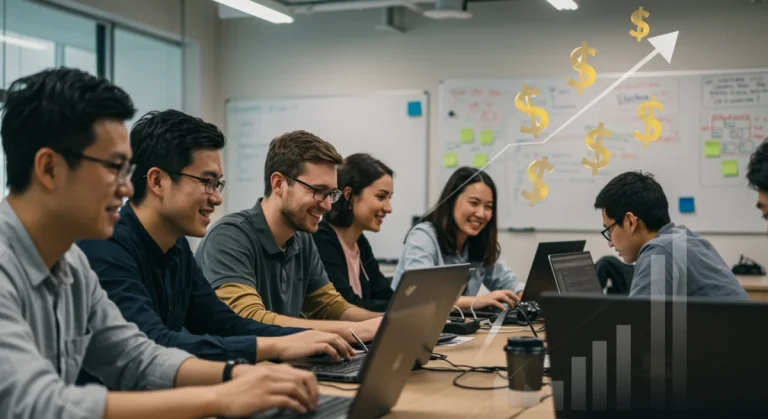 Students learning in a free coding bootcamp classroom, saving on tuition costs.