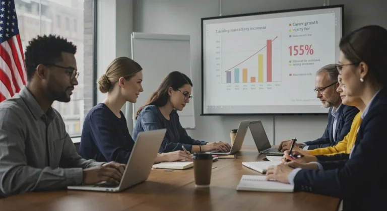 Adults learning in a free government training program, aiming for career advancement and salary boost.