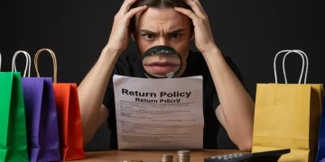 Frustrated shopper decoding complex return policy document to avoid restocking fees