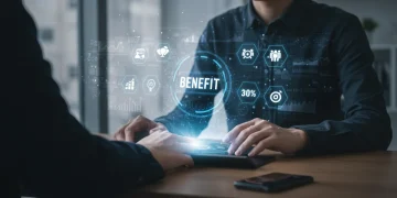 Person efficiently using a futuristic tablet for online benefit portals in 2026, saving time.