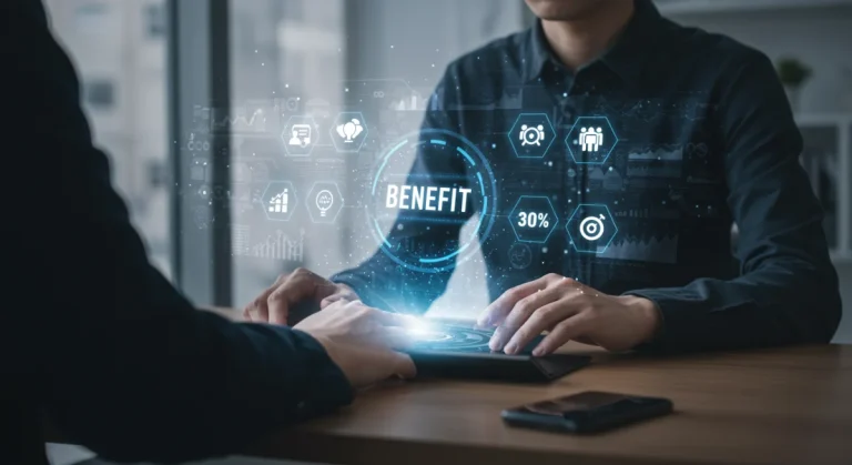 Person efficiently using a futuristic tablet for online benefit portals in 2026, saving time.