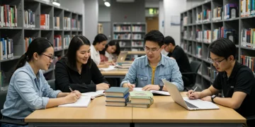 Diverse graduate students studying in a modern university library with books and laptops