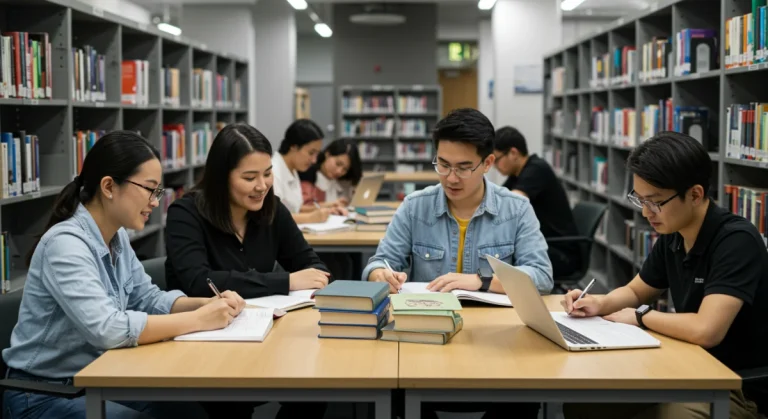 Diverse graduate students studying in a modern university library with books and laptops