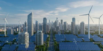 Futuristic cityscape with green energy infrastructure, symbolizing green tech investment.