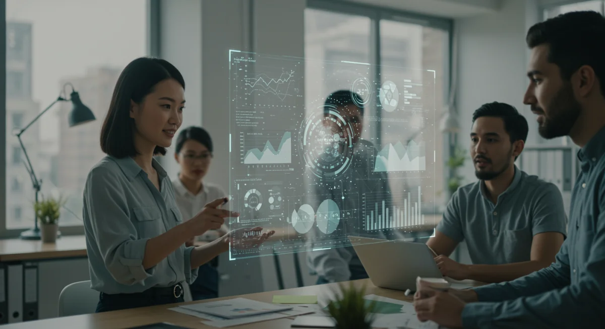 Green tech startup team collaborating on sustainable energy projections.