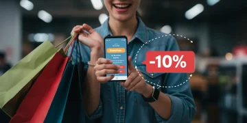 Happy shopper using price match app for instant savings