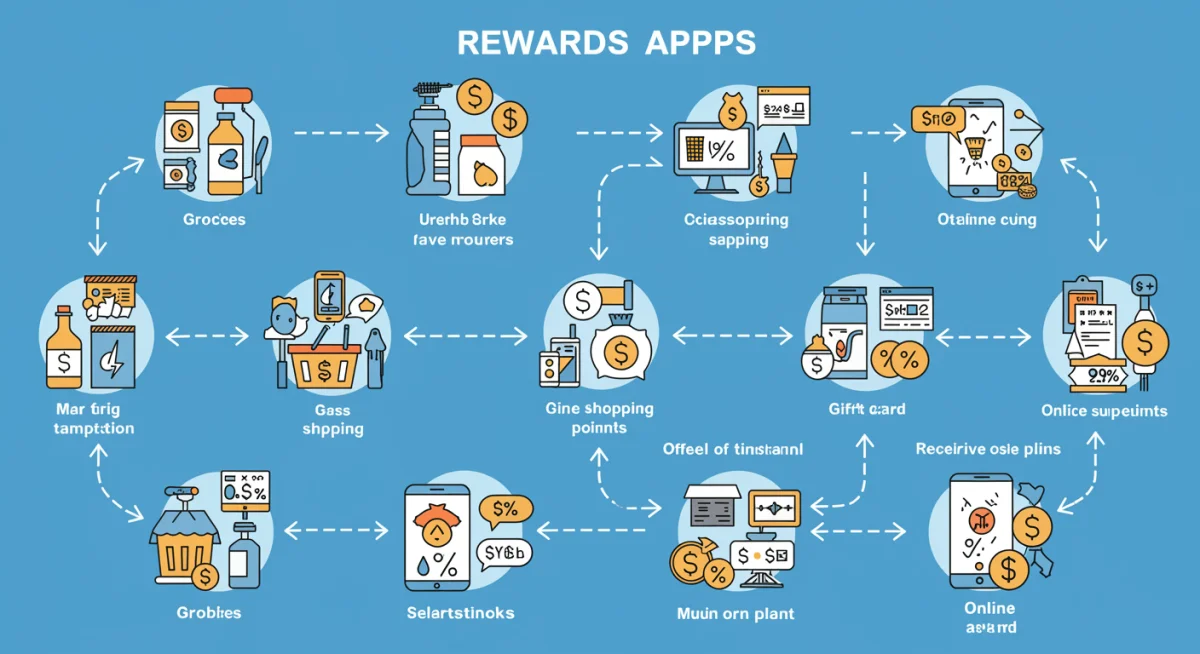 Infographic illustrating the process of earning rewards through various apps, from purchase to redemption.